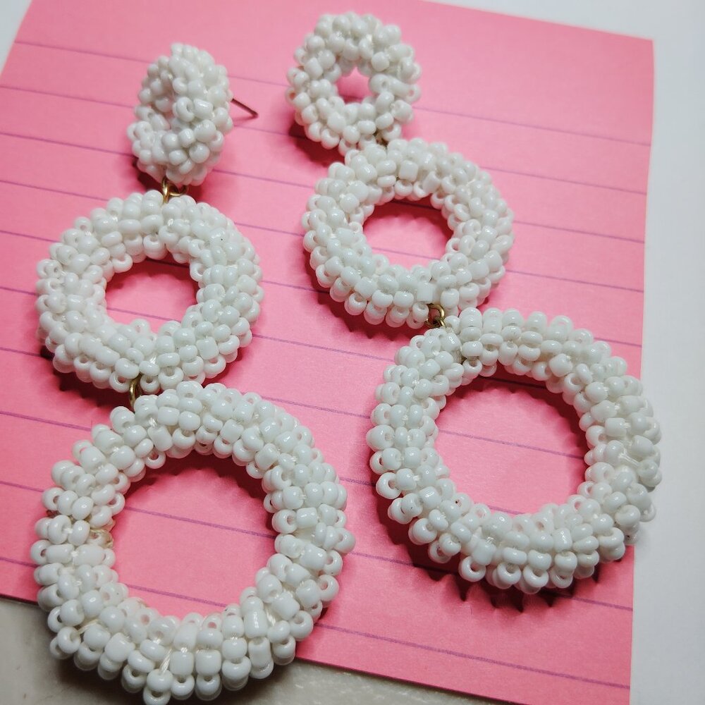 Stacked Beaded Hoop Statement Earrings White Triple Drop 3.5" Long